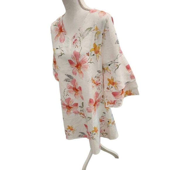 Summer Pink White Floral Mini Dress Size M Boho Spring Kimono Sleeve - Picture 2 of 6
